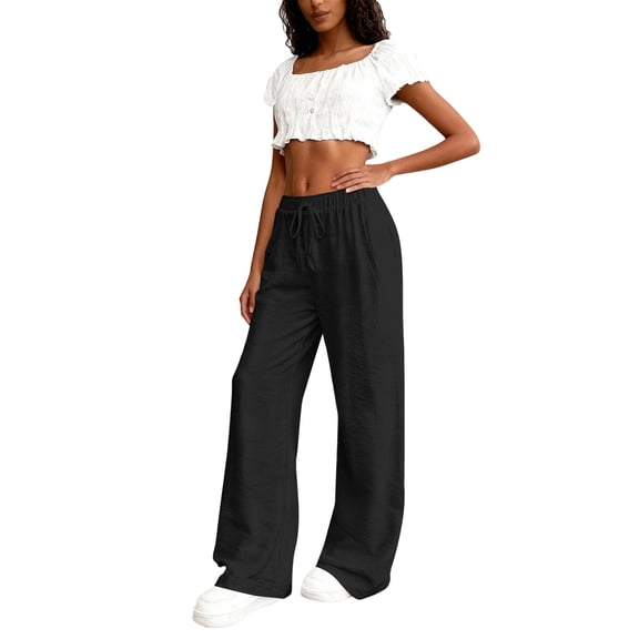 Womens Palazzo Pants Casual Drawstring Flowy Pants Wide Leg Summer Beach Linen Trousers with Pockets Black L