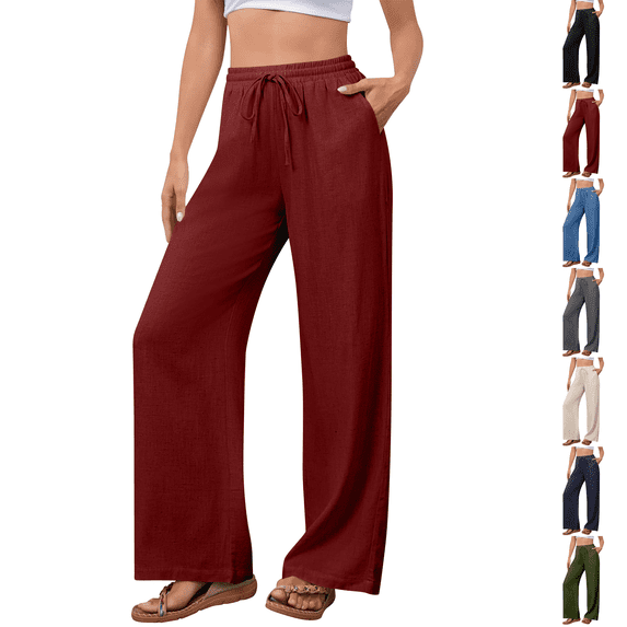 Womens Palazzo Pants Casual Drawstring Flowy Pants Wide Leg Summer Beach Linen Trousers with Pockets Wine S