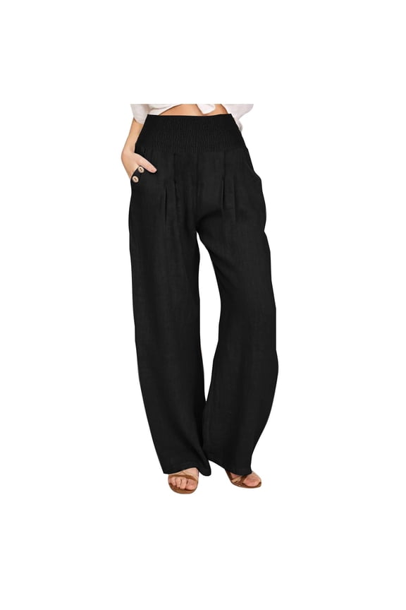 Womens Palazzo Pants Casual Linen Cotton Drawstring Flowy Pants Wide Leg Summer 2026 Beach Trousers with Pockets