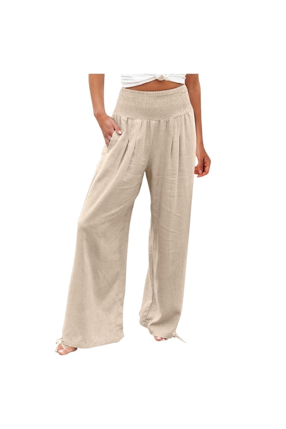 Womens Palazzo Pants Plus Size,Womens Linen Wide Leg Lounge Pants with Pockets Casual Straight Leg High Waisted Flowy Palazzo Pants Loose Trousers