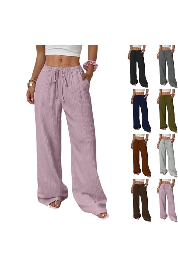 Womens Palazzo Pants Summer Fashion 2026 High Waisted Wide Leg Drawstring Flowy Beach Trousers with Pockets Army Green S