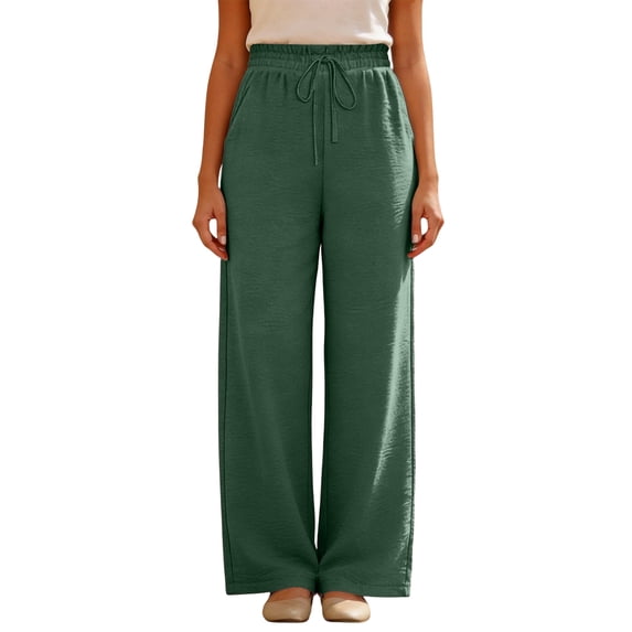 Womens Palazzo Pants Summer Fashion High Waisted Wide Leg Drawstring Flowy Beach Trousers with Pockets Green L