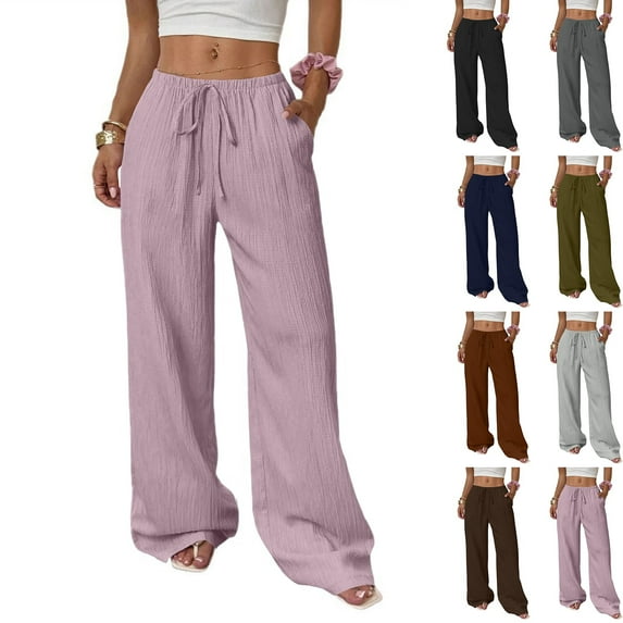 Womens Palazzo Pants Summer Fashion 2026 High Waisted Wide Leg Drawstring Flowy Beach Trousers with Pockets Light Gray XL