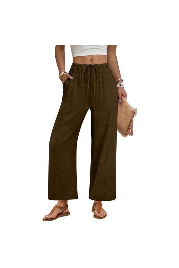Womens Palazzo Pants Wide Leg Flowy Drawstring High Waisted Casual Trousers 2026 Summer Beach Vacation Clothes Brown XL