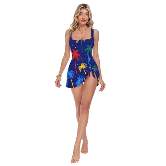 Womens Palm Trees Dark Blue Background Pattern Print 2-in-1 Swim Dress Detachable Skirt One-Piece Swimsuit Square Neck S-XXL