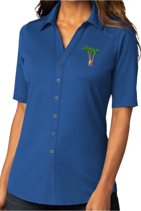 Womens Palm Trees with Surfboards Button-Down Stretch Shirt, Extra-Small True Blue