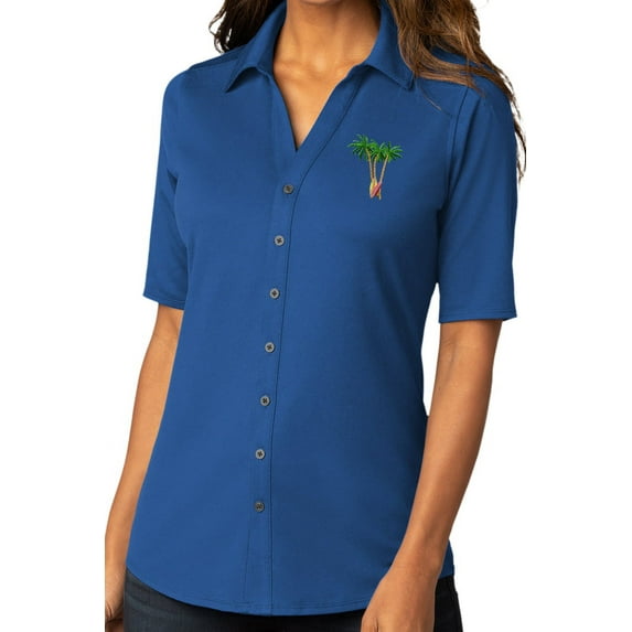 Womens Palm Trees with Surfboards Button-Down Stretch Shirt, Large True Blue