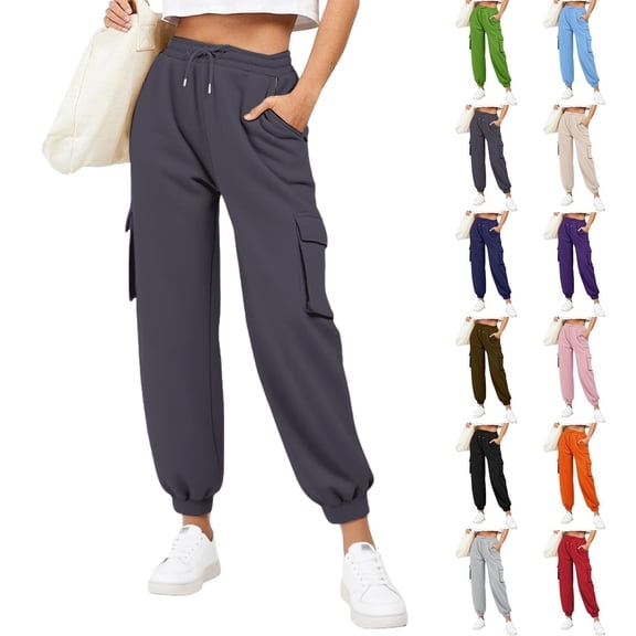 Womens Pant Pants Woman Pantalones Cargo Para Mujer Women'S Elastic Lace-Up Casual Solid Color High-Waisted Zipper Pocket Tapered Sweatpants Dark Gray XXXL