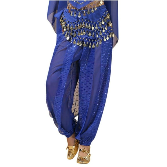 Womens Pant Sequin Belly Dance Pants Chiffon High Waist Trousers With Waist Chain