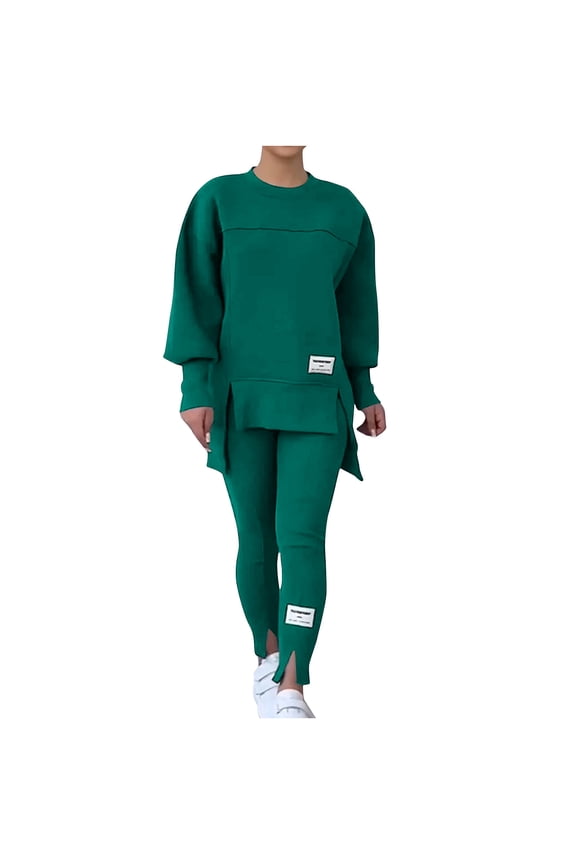 Womens Pant Sets 2 Piece Outfits Tracksuit Long Sleeve High-Low Slit Hem Sweatshirt Leggings Jogger Sweatsuit New Tracksuit for Women Set Green 3XL