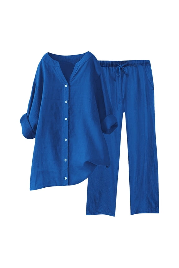 Womens Pant Suit Long Sleeve Daily Casual Solid Shirt Tops Pockets Shirt Trousers Set Two Piece Sets for Women
