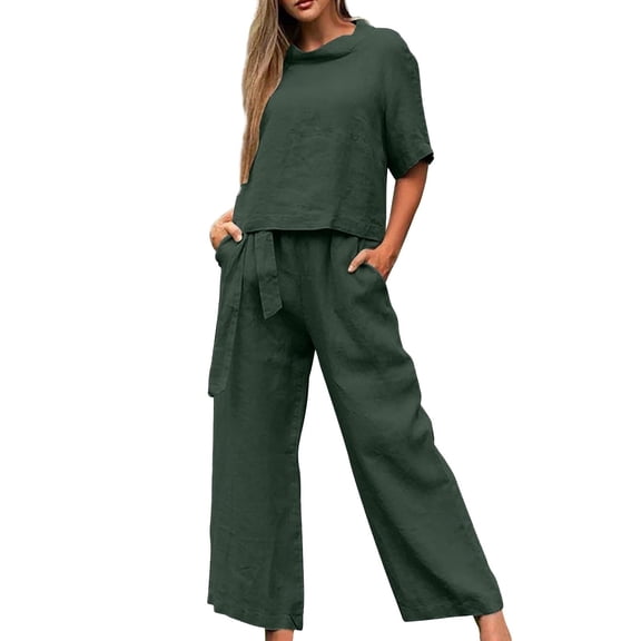 Womens Pant Suit Short Sleeve Cotton And Linen Summer Matching Half Wide Leg Retro Set Of Two Piece Sets for Women