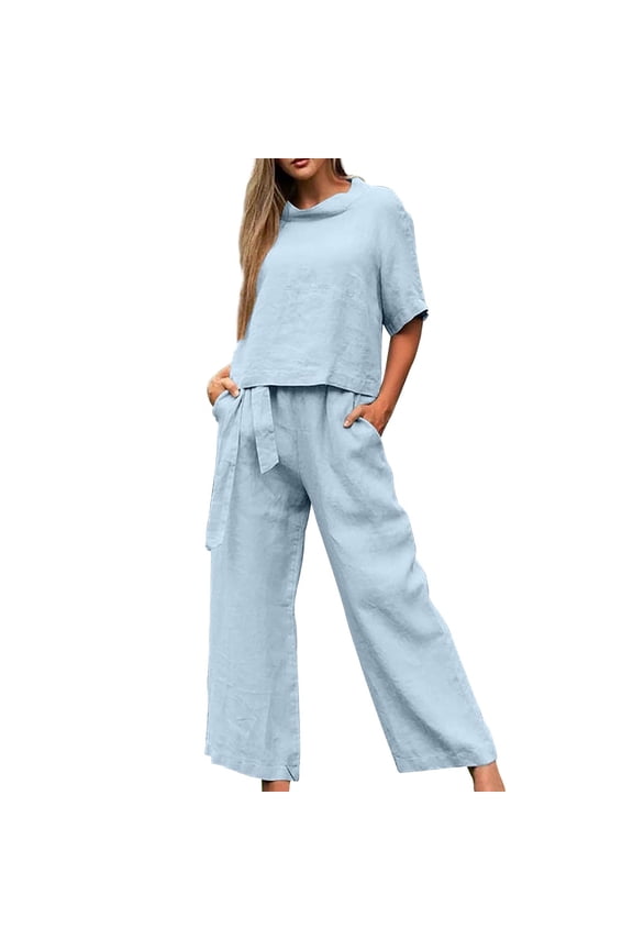 Womens Pant Suit Short Sleeve Cotton And Linen Summer Matching Half Wide Leg Retro Set Of Two Piece Sets for Women