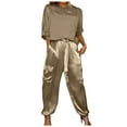 thumbnail image 1 of Womens Pant Suit Women Smooth Satin Half Sleeve Top And Pants Set Women plus Size Snow Bibs Casual Pantsuit for on Piece Jumpsuit Christmas Outfits for Dressy Summer Business Casual Clothes Brown XL, 1 of 5