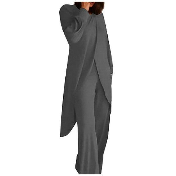Womens Pant Suit Women Solid Long Sleeve Set Wide Leg Pants Set Irregular Fashion Casual Two Piece Holiday Outfits for Women Dressy Pants Suit for Wedding Suits Pearl Gray S