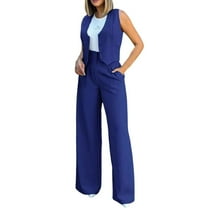 Womens Pant Suit Womens Elegant Solid Color Suit Vest Tank Cardigan Pockets Tops Wide Leg Snowmobile Pants Women Bibs Overalls Insulated Ski Pants Bibs Pant Suits for Women Dressy plus Size Fo Blue XL