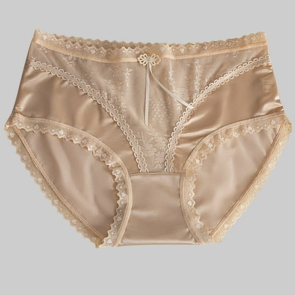 Womens Panties Cotton Women's Lace Underwear Mid-Waisted Ice Silk Full Cover Underwear Soft Satin High Waisted Panties Lightweight Breathable Underpant Briefs Underwear Women Beige L