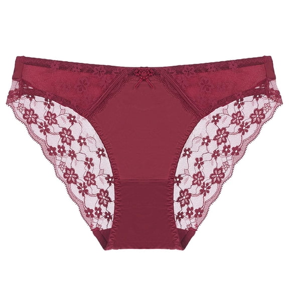 Womens Panties Mid Rise Bikini Wine Burgundy Maroon - Soft Breathable Lace Underwear with Floral Side Detail for Everyday Comfort,Size M