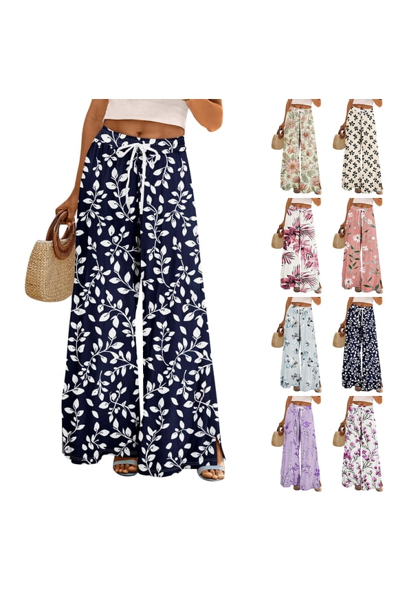 Womens Pants 2026 Pockets Boho Printed Elastic Waist Wide Leg Palazzo Pants for Women Work Beach Vacation Clothes Purple S