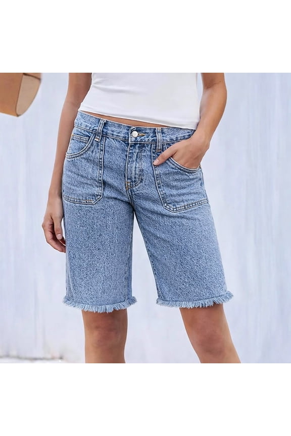 Womens Pants 5 Inch Knee Length Bermuda Casual Straight Leg Jeans with Pockets Mid Waist Distressed Hem Comfort Dress Slacks for Women