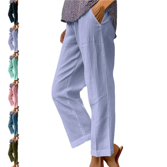Womens Pants And Solid Color Elastic Waist Cotton Linen Versatile Straight Tube Casual Wide Leg Pants Linen Blend Pants for Women Purple 3XL