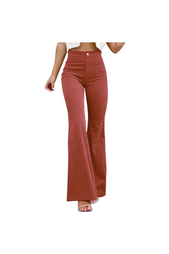 Womens Pants Autumn And Winter Women's Clothing Solid Color Mid Waist Slim Micro Bell Bottoms Corduroy Elastic Waist Casual Trousers