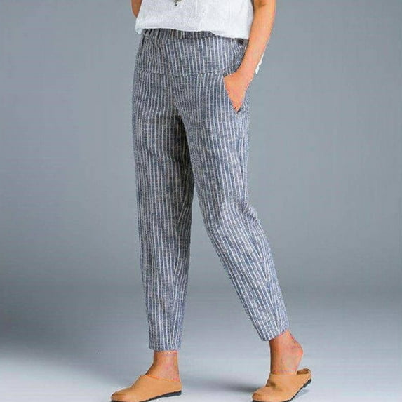 Womens Pants Autumn Winter Stripe Print Linen Cotton Slim Casual Pant Streetwear