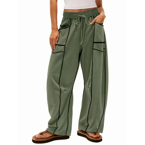 Womens Pants Baggy Wide Leg Pants Casual Palazzo Drawstring Waist Lounge with Pockets Green XL