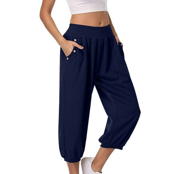 Womens Pants Capri Stretch High Waist Pants Dressy Capris Pant with Pocket Navy Womens Trousers S