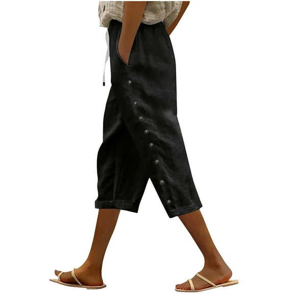 Womens Pants Capris Casual Summer Side Button Capris High Waist Drawstring Pants with Pockets