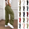 thumbnail image 1 of Womens Pants Cargo Solid Color Womens Wide Leg Pants With Elastic Waist Womens Pants with Pockets Casual Pants for Women Army Green-XL, 1 of 9