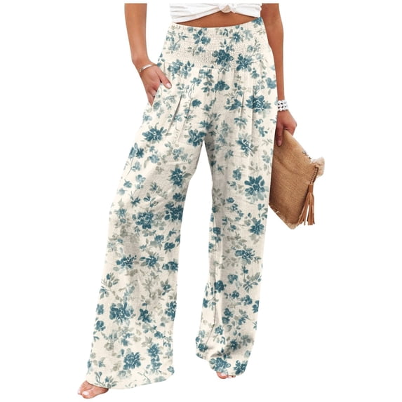 Womens Pants Casual Boho Palazzo Pants Wide Leg Lounge Pants Trousers Women's Floral Print Pants High Waist Smocked Elastic Waist Casual Trousers with Pockets for Beach Vacation