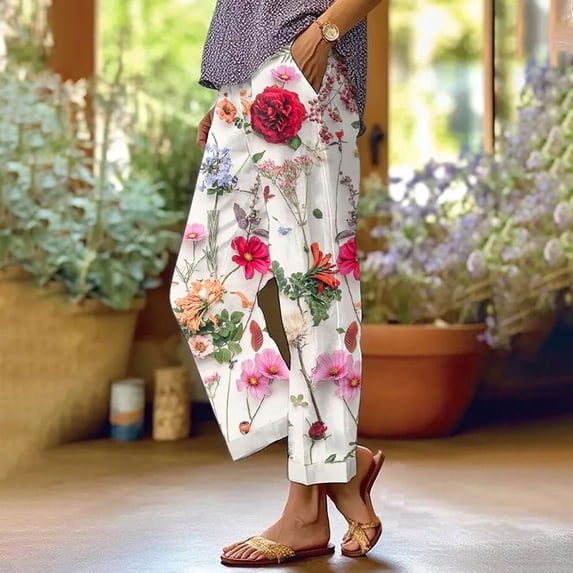 Womens Pants Casual Boho Print Pocket Trousers Ankle Length Casual Womens Pants Watermelon Red XL