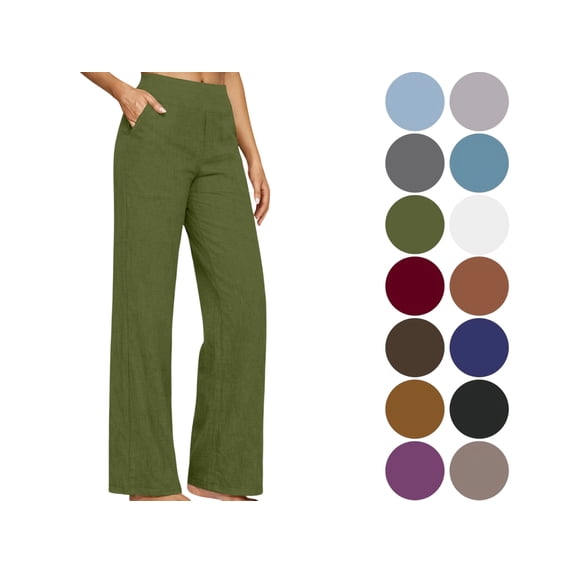 Womens Pants Casual Loose Cotton-Linen Wide Leg Drawstring Elastic Waist Solid Color Pockets Long Pants