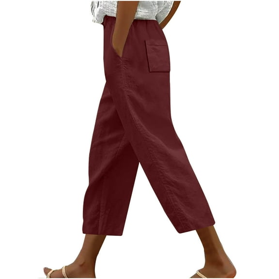 Womens Pants Casual Loose Elastic Wasit Drawstring Straight Leg Ankle Pants Plus Size Cropped Trousers
