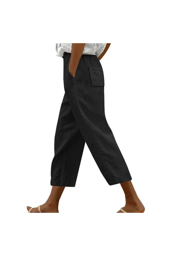Womens Pants Casual Loose Elastic Wasit Drawstring Straight Leg Ankle Pants Plus Size Cropped Trousers