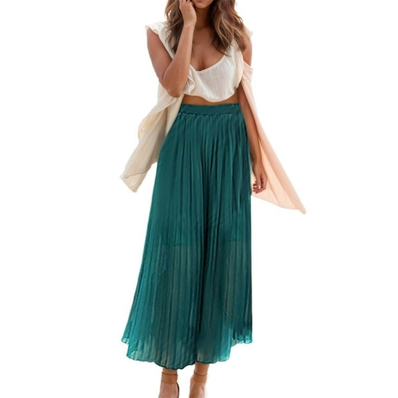 Womens Pants Casual Pleated Wide Leg Trousers Chiffon Material Nine Tenths Length Casual Pants Lightweight Breathable Green XXXXL