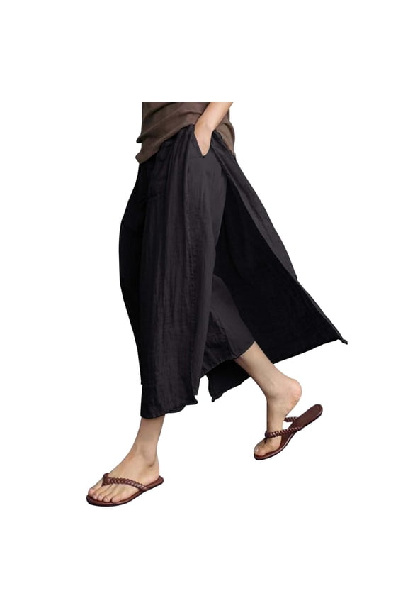 Womens Pants Casual Retro Boho Linen Blend Loose High Slit Lazy Fit Two Piece Culottes Lightweight Breathable Black S