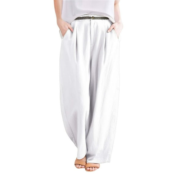 Womens Pants Casual Retro Embroidered Breathable Linen Pants Wide Leg Thin Spring Summer Trousers Loose White XL