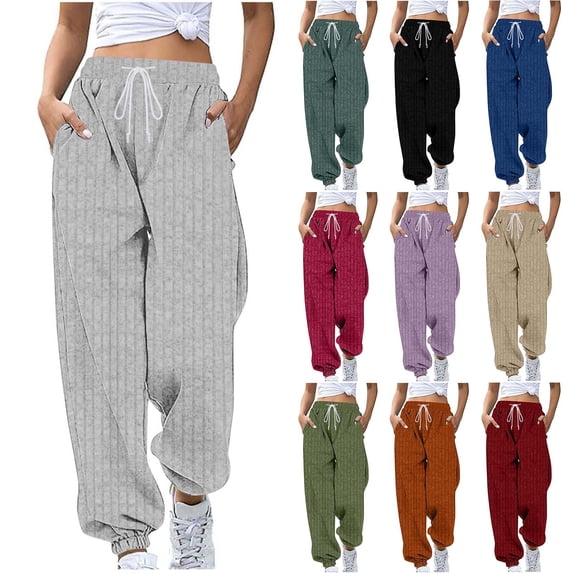Womens Pants Casual Ribbed Drawstring High Waisted Workout Pants with Pockets Summer Joggers for Women