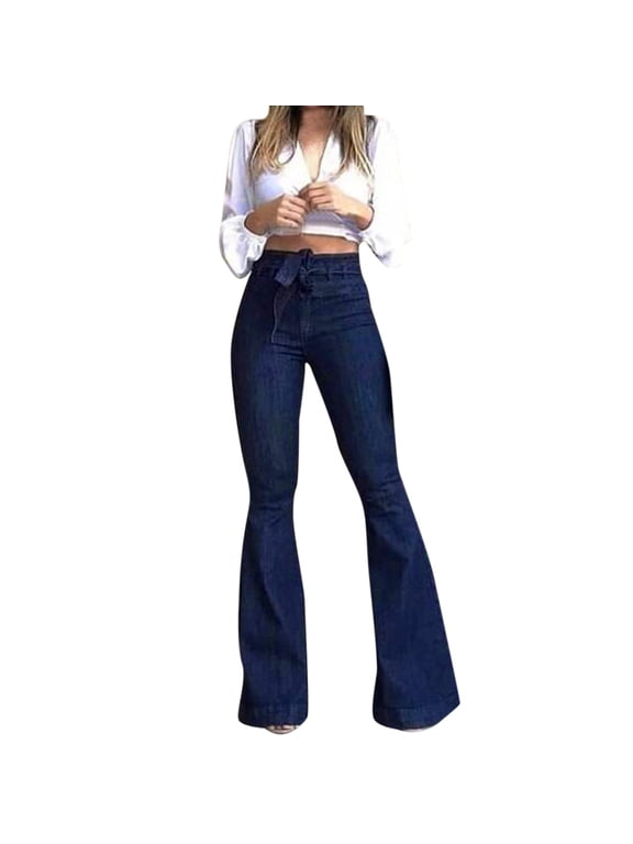 Womens Pants Casual Soild Destroyed Flare Jeans Elastic Waist Bell Bottom Hem Denim Cargo Pants