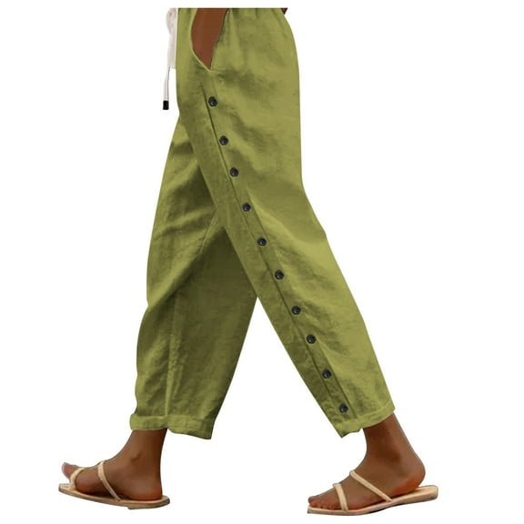 Womens Pants Casual Solid Color Elastic Waist Loose Side Buckle Decoration Linen Ankle Pants with Pockets Linen Pants Women Green M