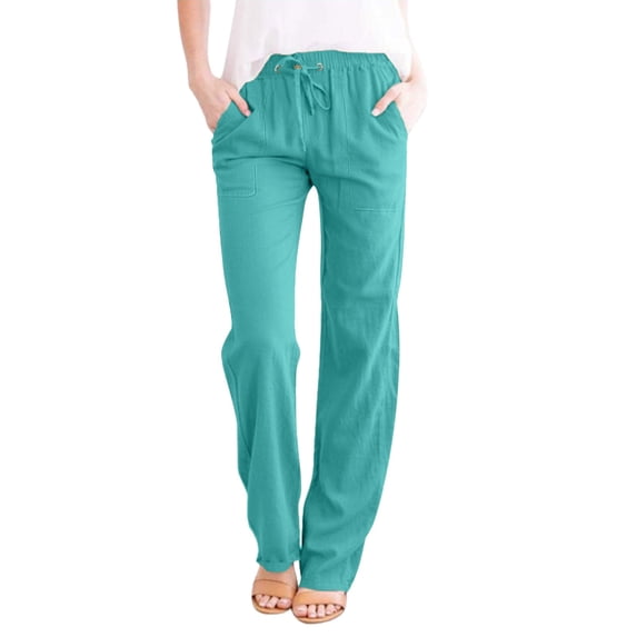 Womens Pants Casual Solid Color Loose Pockets Elastic Belt Waist Pants Long Trousers