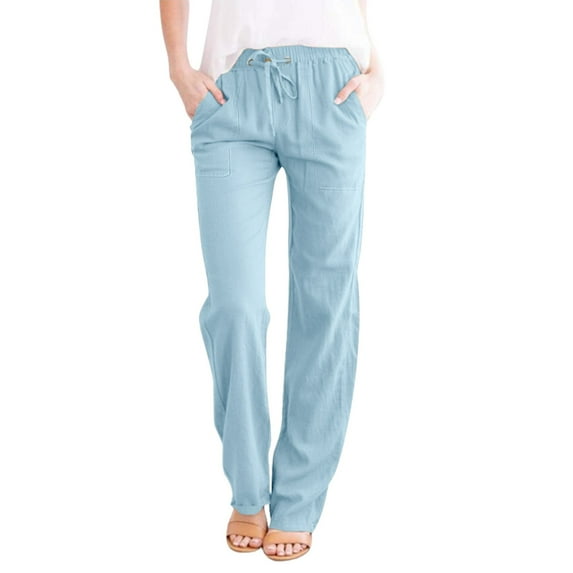 Womens Pants Casual Solid Color Loose Pockets Elastic Belt Waist Pants Long Trousers
