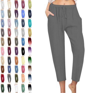 Womens Pants Casual Solid Elastic Waist Pocket High Waist Strap Home Pants Linen Plus Size Pants Women