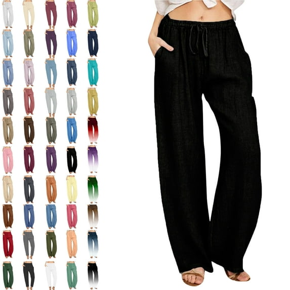 Womens Pants Casual Solid Elastic Waist Pocket High Waist Strap Home Pants Linen Plus Size Pants Women