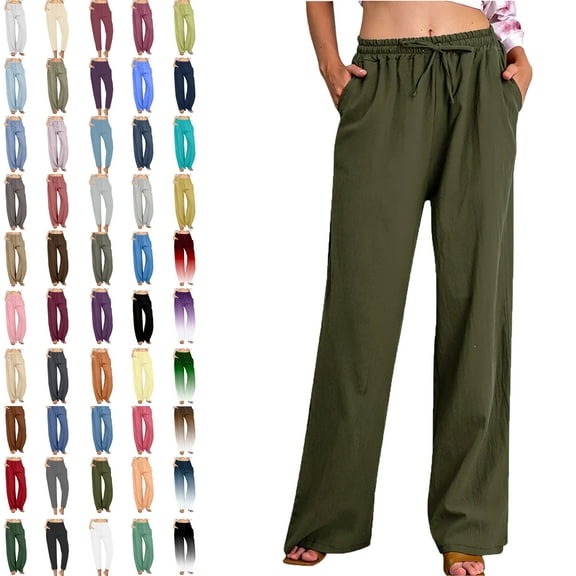 Womens Pants Casual Solid Elastic Waist Pocket High Waist Strap Home Pants Linen Plus Size Pants Women