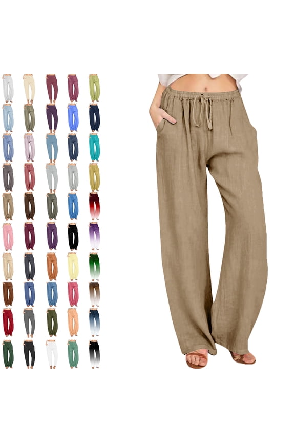 Womens Pants Casual Solid Elastic Waist Pocket High Waist Strap Home Pants Linen Plus Size Pants Women