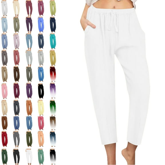 Womens Pants Casual Solid Elastic Waist Pocket High Waist Strap Home Pants Linen Plus Size Pants Women