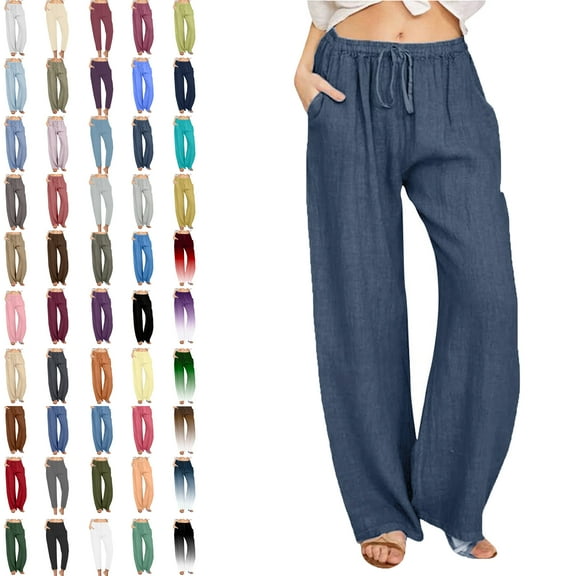 Womens Pants Casual Solid Elastic Waist Pocket High Waist Strap Home Pants Linen Plus Size Pants Women